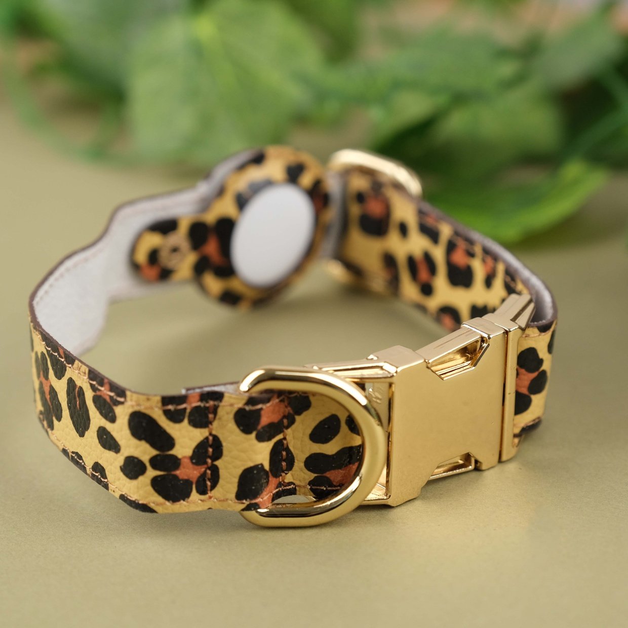 Leopard Handcrafted Leather Dog Collar with Airtag Slot
