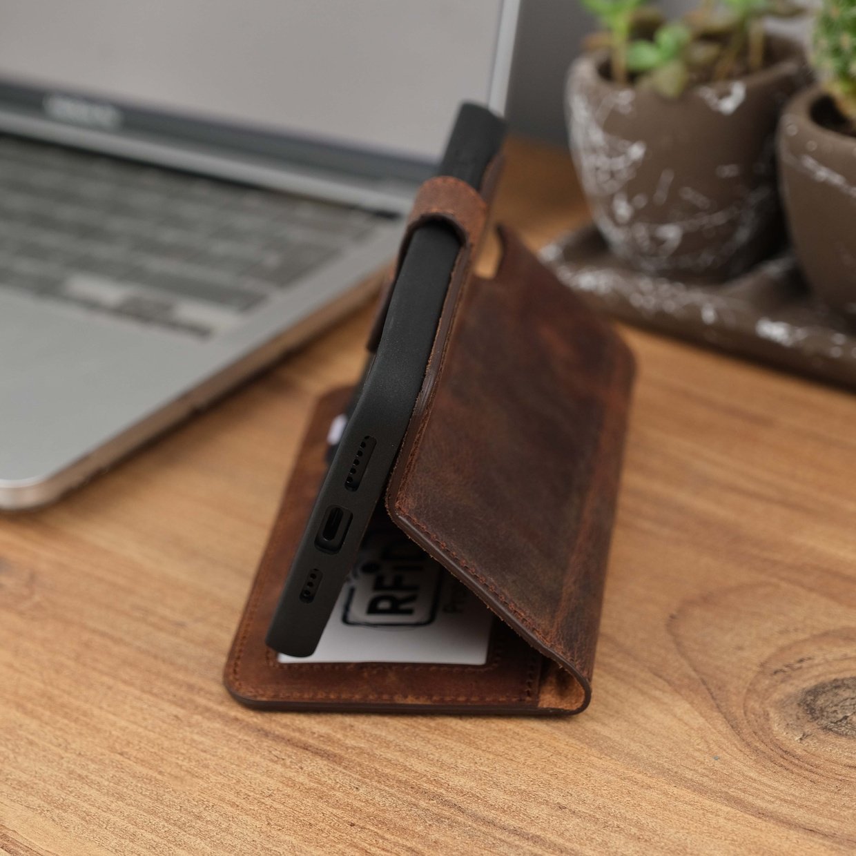 Antique Brown Leather iPhone 15 Plus Wallet Case Kickstand Side View