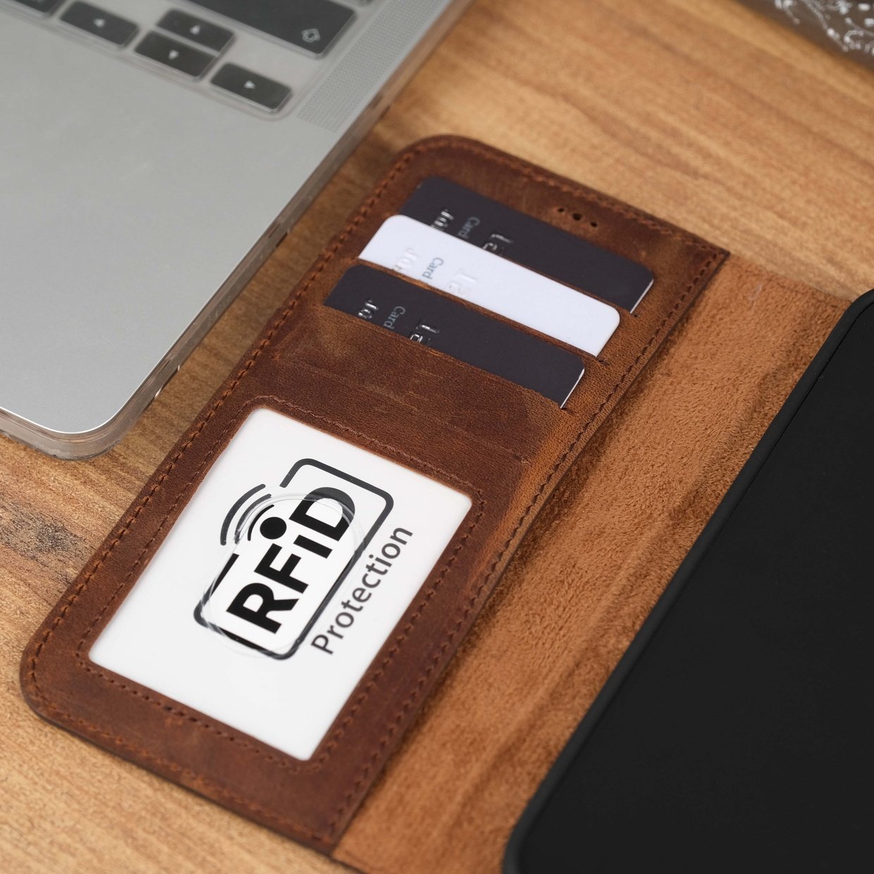 Antique Brown Leather iPhone 15 Plus Wallet Case with RFID Protection