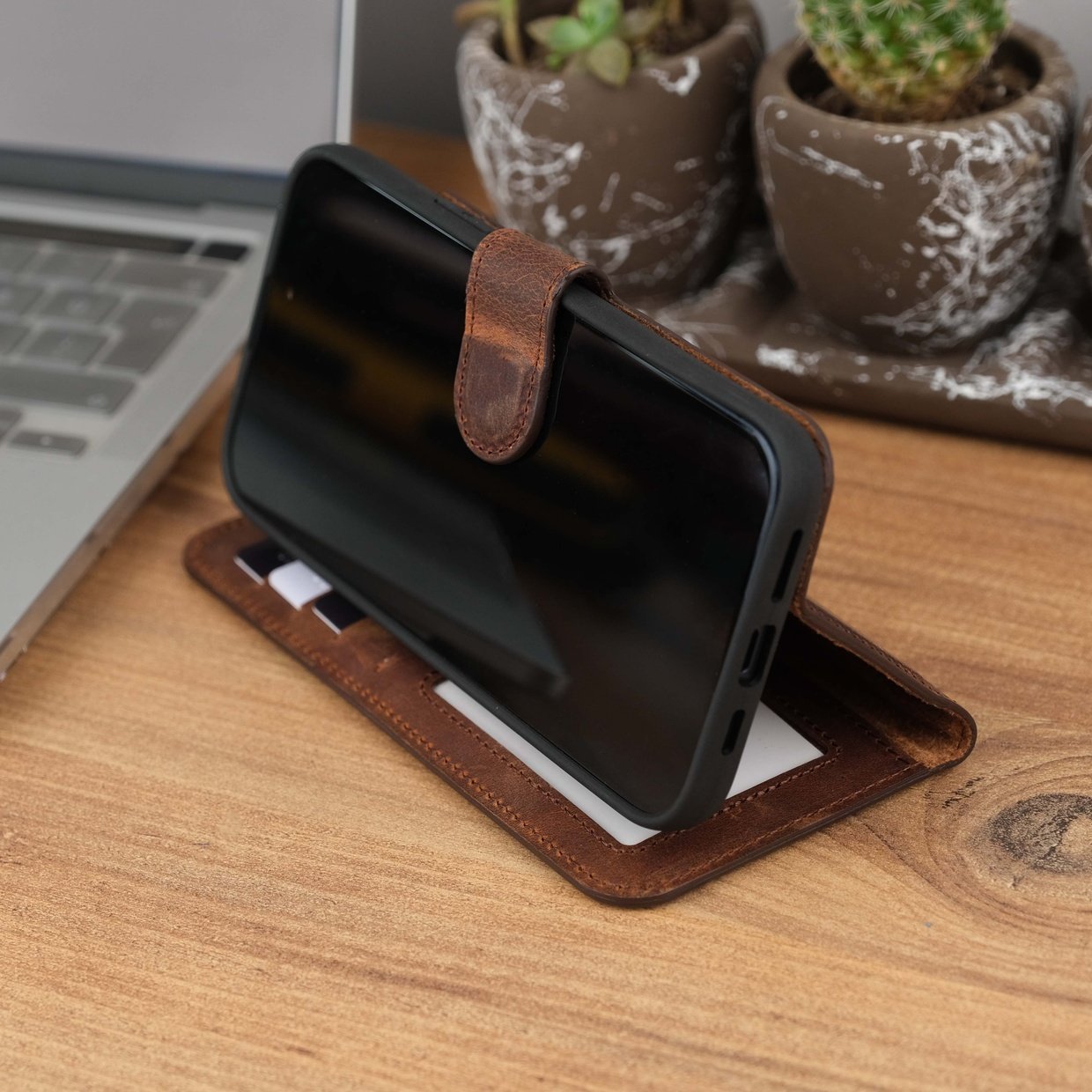 Antique Brown Leather iPhone 15 Plus Wallet Case Kickstand Front View