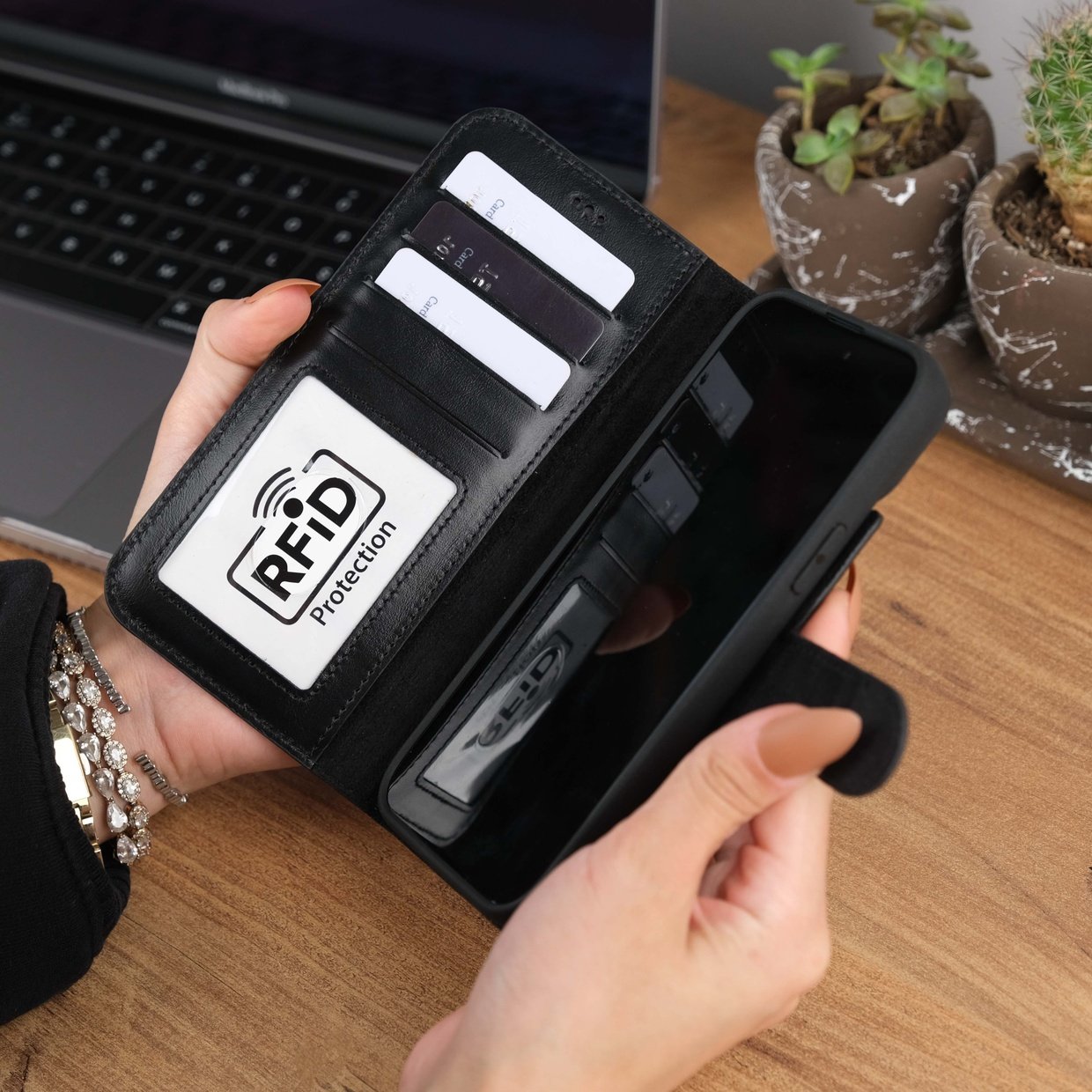Black Leather iPhone 15 Plus Case Card Slots