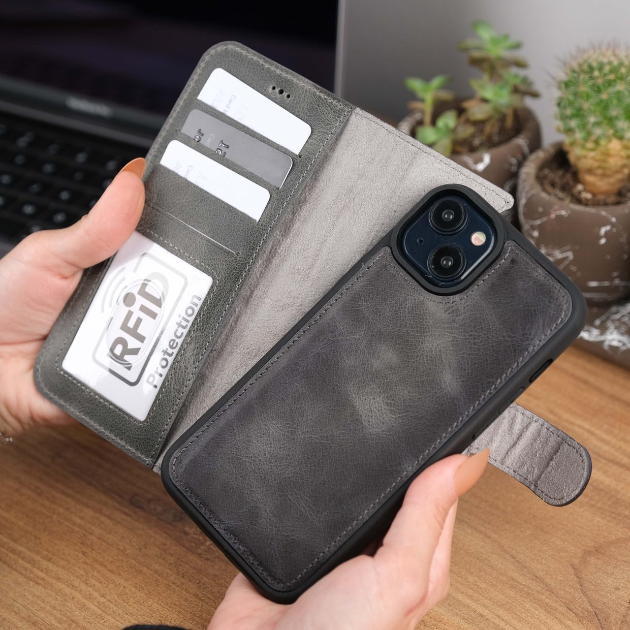 Grey Leather iPhone 15 Case
