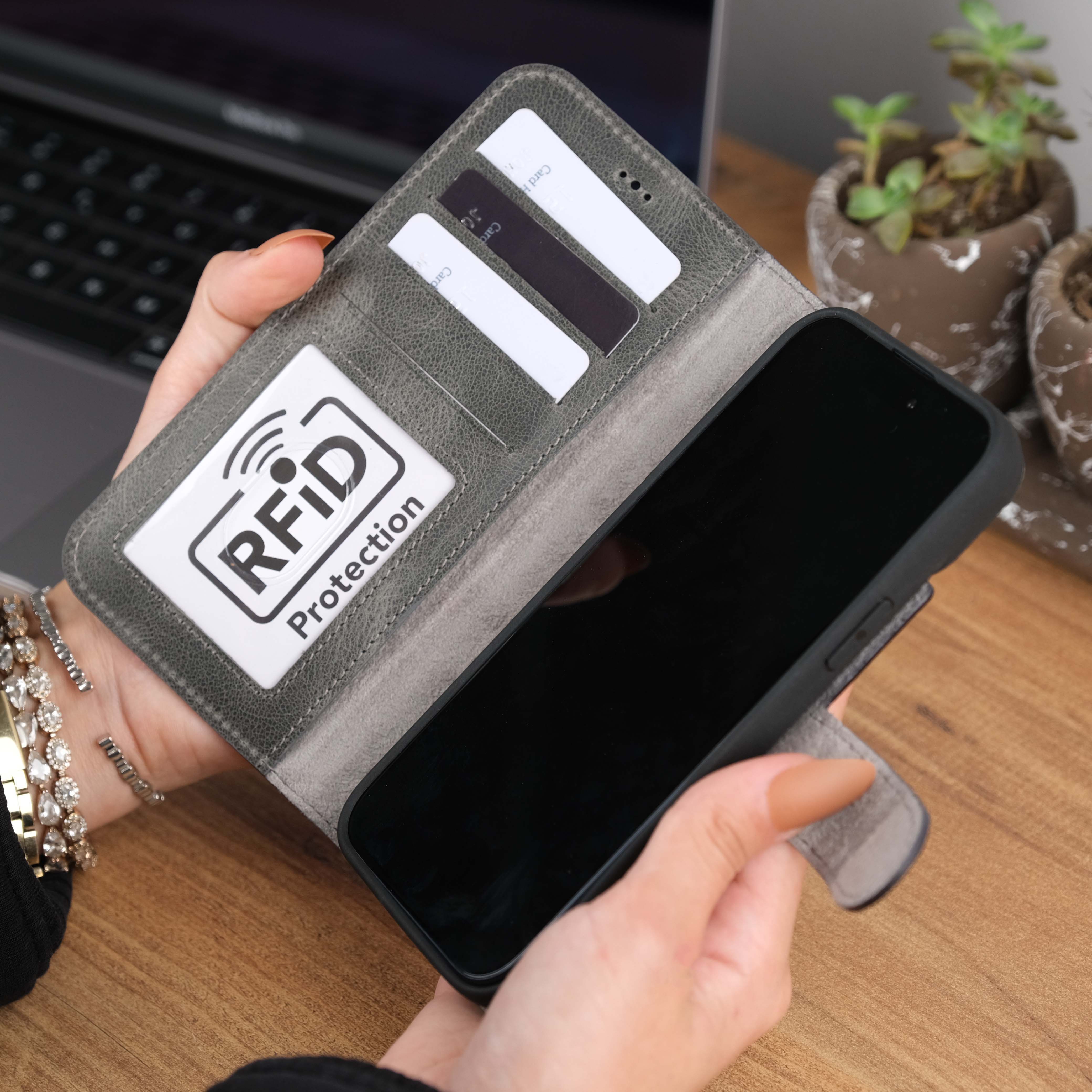 Grey Leather iPhone 15 Plus Case Card Slots
