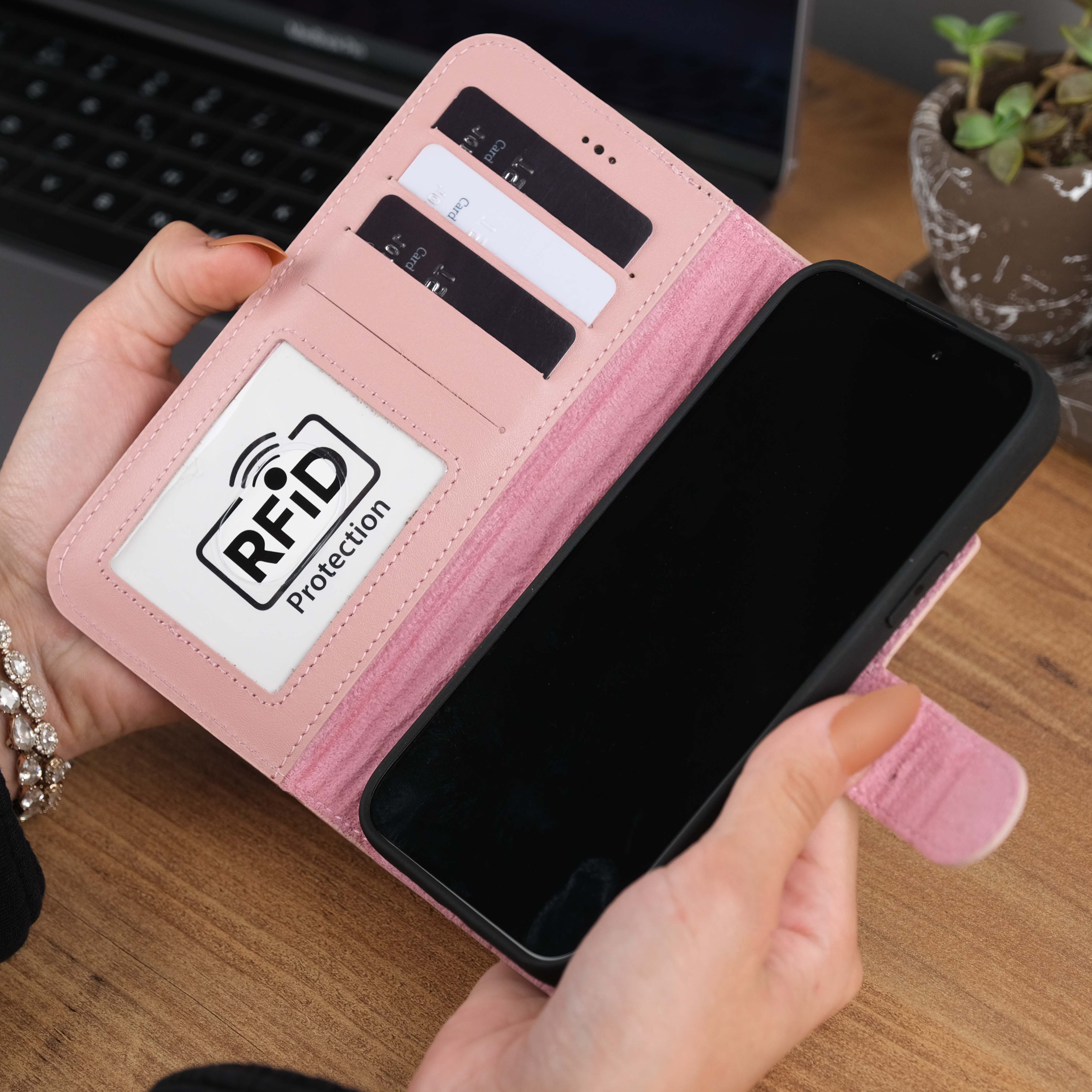 Pink Leather iPhone 15 Plus Case Card Slots