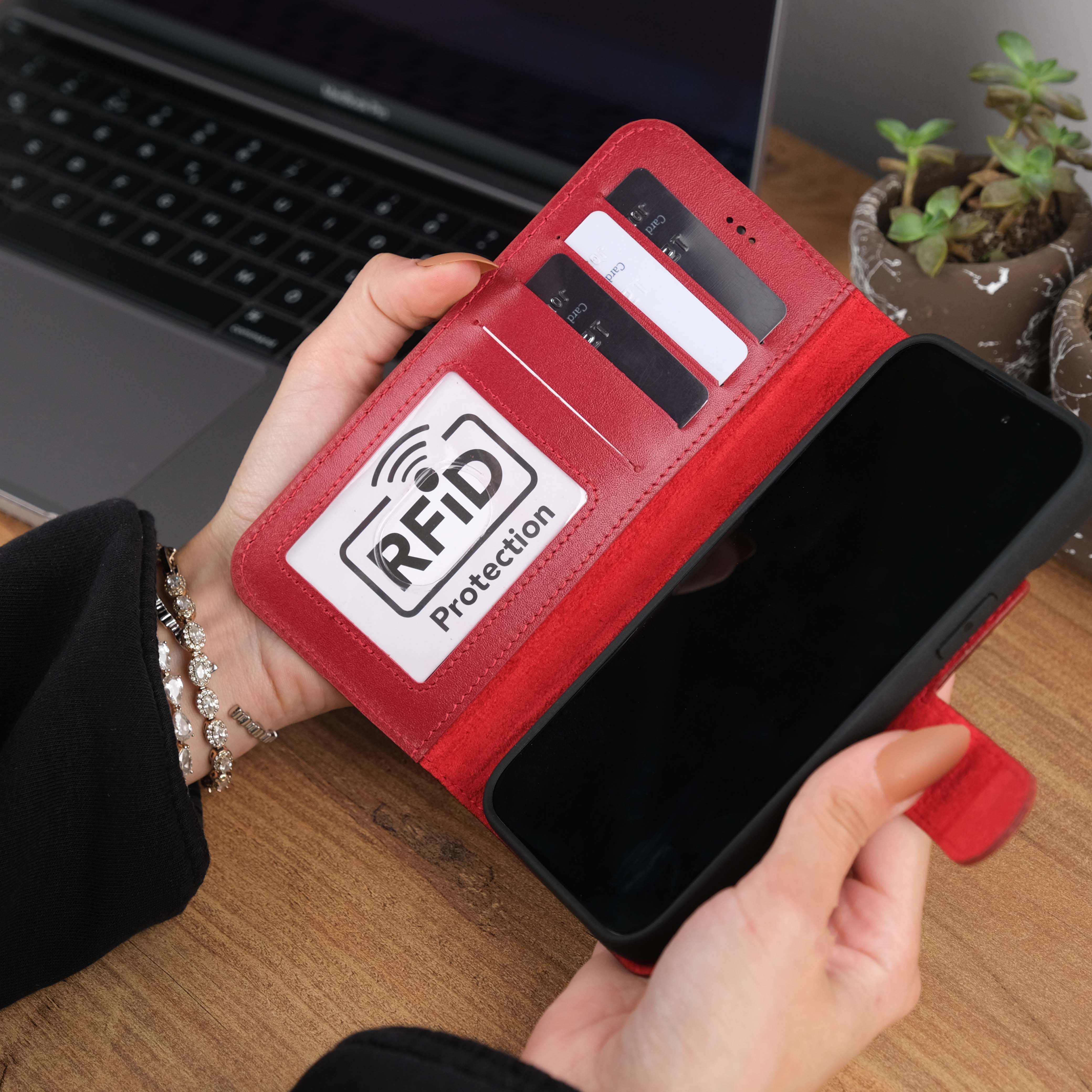 Red Leather iPhone 15 Plus Case Card Slots