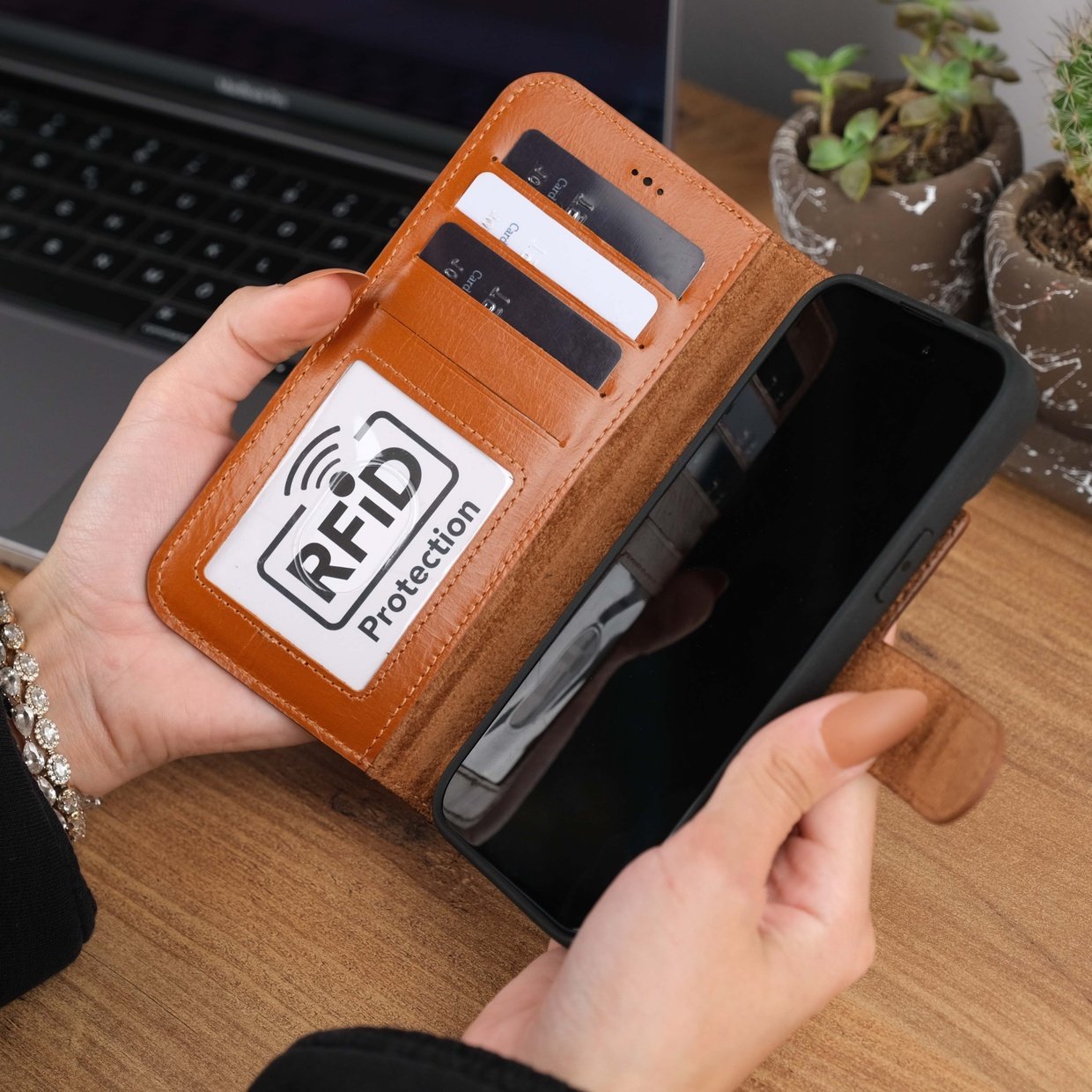 Tan Leather iPhone 15 Plus Case Card Slots
