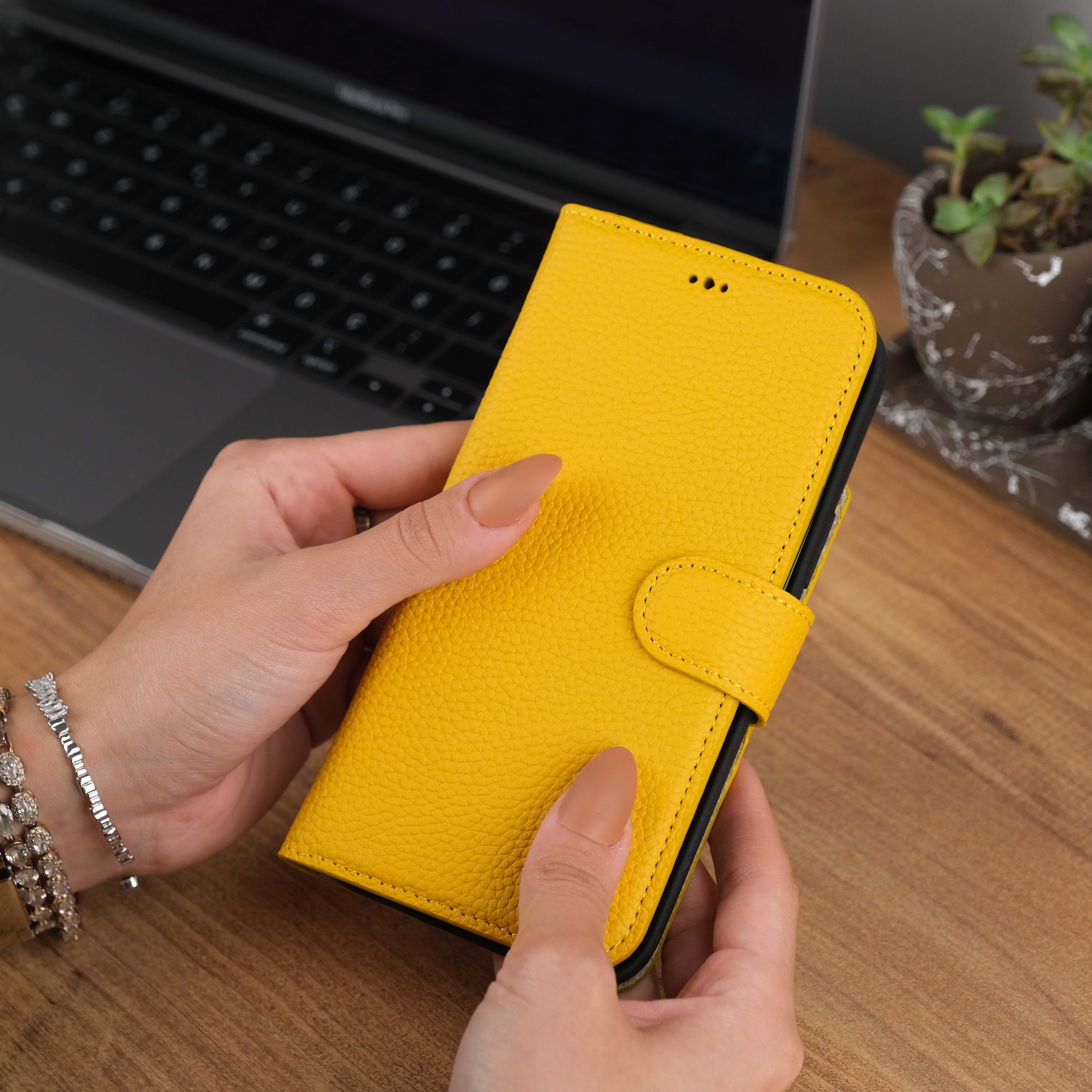 Yellow Leather iPhone 15 Case Front View
