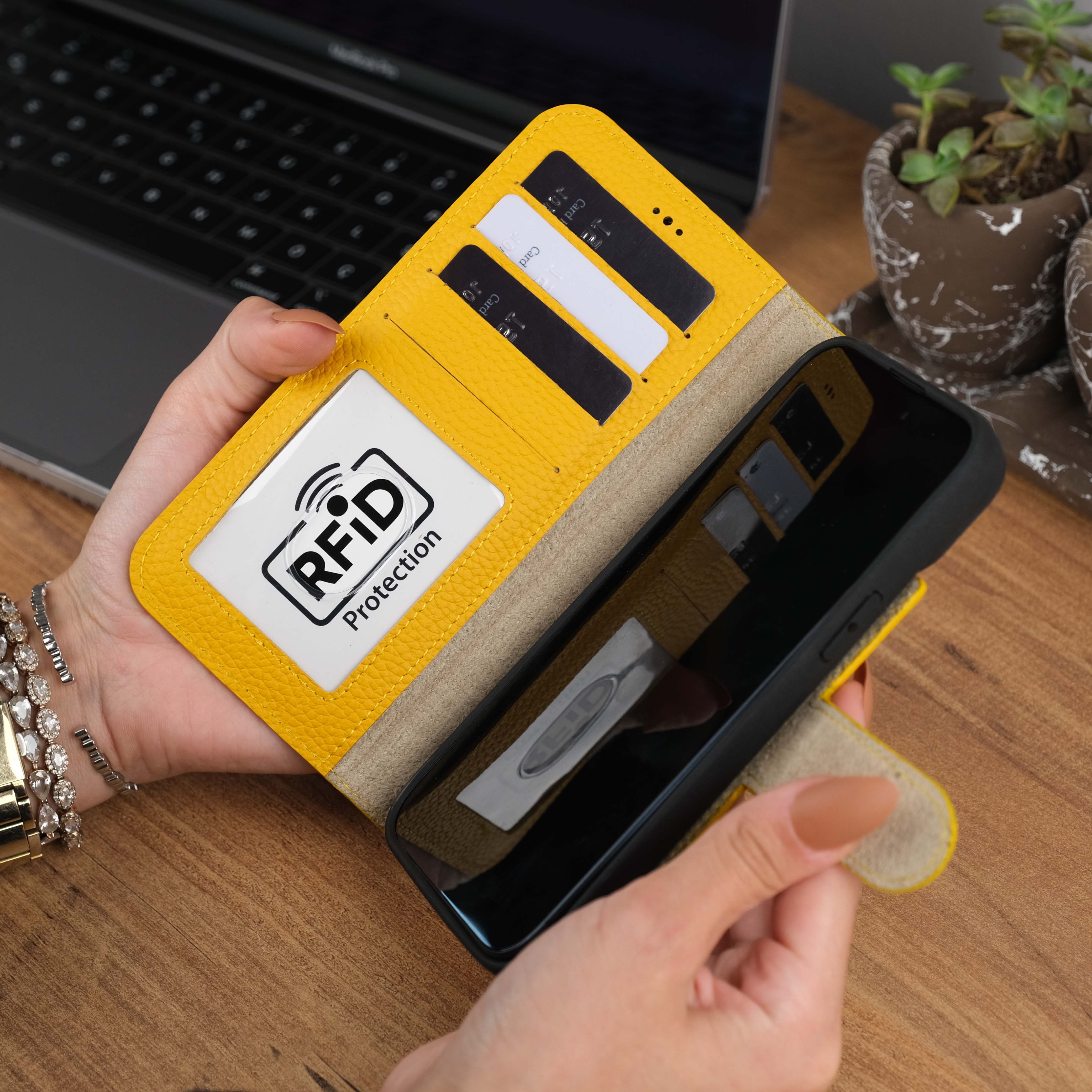 Yellow Leather iPhone 15 Plus Case Card Slots